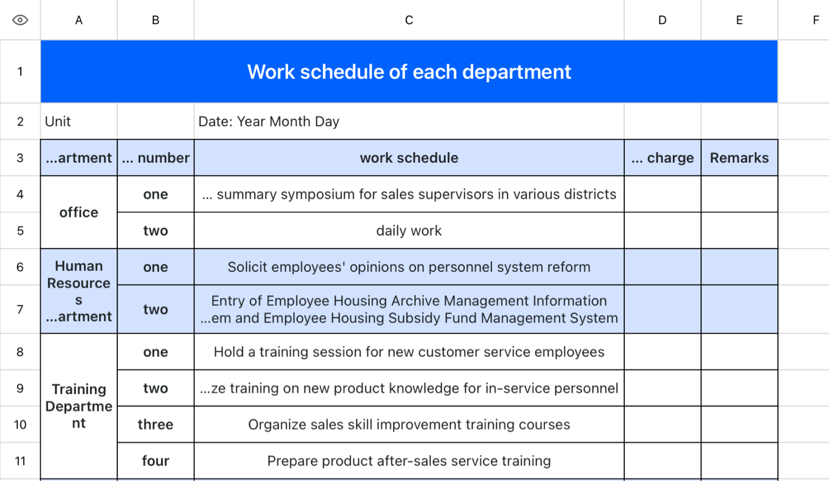 Work schedule of each department